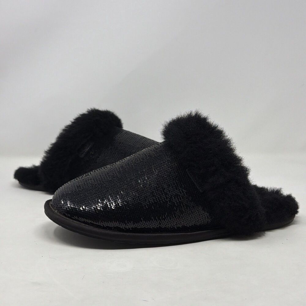 UGG Scuffette II Mirror Ball Black Sequin Slippers Womens Size 8 Sheepskin Lined